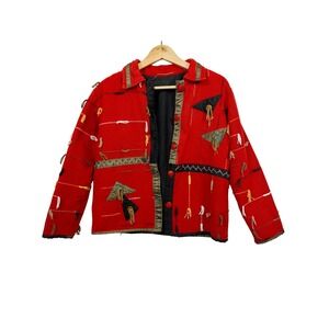 Red Artisan Jacket Textured Tassels Geometric Appliqué Artwear M Boho Unique